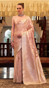 Peach Pink and Gold Floral Satin Banarasi Silk Saree